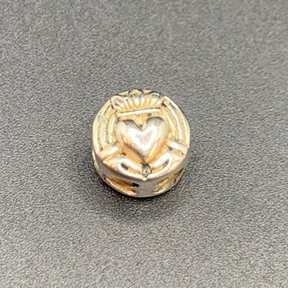 Silver Tone Round Claddagh Heart Slide Charm w/ Darkened Heart Insets - Picture 1 of 8